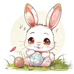 Cute cartoon Easter bunny with Easter colored eggs. AI generated