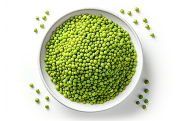 Bowl of fresh green peas on white background