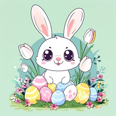 Cute cartoon Easter bunny with Easter colored eggs. AI generated
