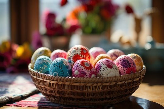 Colorful Easter eggs in a basket with flowers in the background