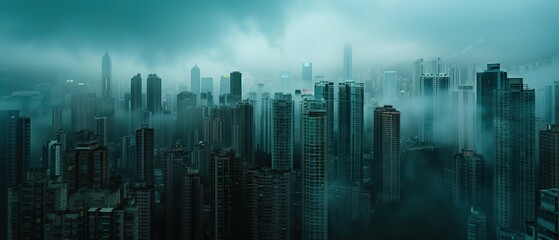 A city skyline is shown in a foggy, hazy atmosphere. The buildings are tall and dark, with a sense of mystery and unease. The fog seems to be thick and heavy, creating a sense of claustrophobia - obrazy, fototapety, plakaty