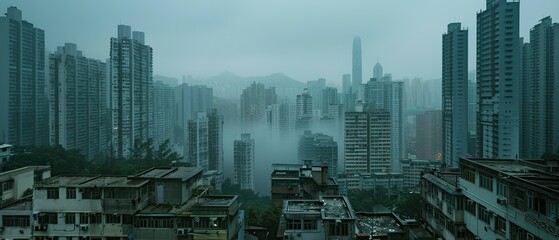 A city skyline with foggy weather. The buildings are tall and the sky is cloudy. Scene is somewhat gloomy and overcast