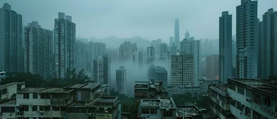 Fotobehang A city skyline with foggy weather. The buildings are tall and the sky is cloudy. Scene is somewhat gloomy and overcast © Dawid