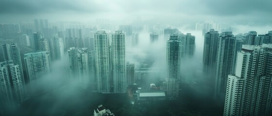 A city skyline is covered in fog, giving it a mysterious and eerie atmosphere. The buildings are tall and seem to be shrouded in mist, creating a sense of isolation and unease - obrazy, fototapety, plakaty