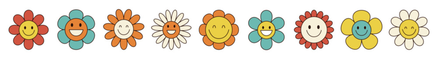 Colorful smiling chamomile daisy flower icon set line. Groovy retro icon set. 60s, 70s hippie psychedelic style. Trendy graphic print. Sunny template. Flat design. White background. Isolated. Vector - 767710844