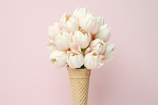 Tulips arranged in an ice cream cone on a pink background