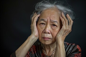 Forgetful asian senior woman with amnesia brain - obrazy, fototapety, plakaty