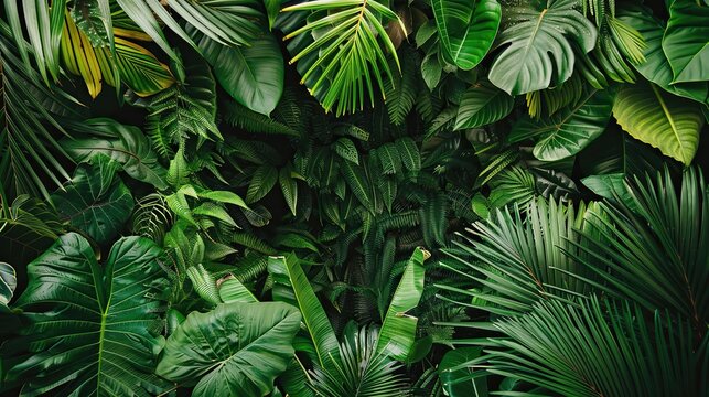 A lush green jungle with many different types of plants and trees. The image is full of life and energy, and it conveys a sense of adventure and exploration