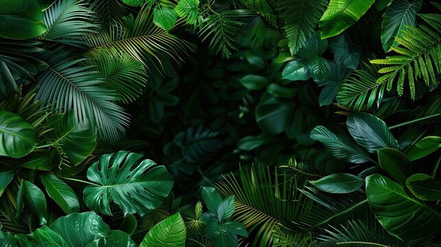 A lush green jungle with many leaves and plants. The image is full of life and energy. The colors are vibrant and the foliage is dense, creating a sense of depth and dimension
