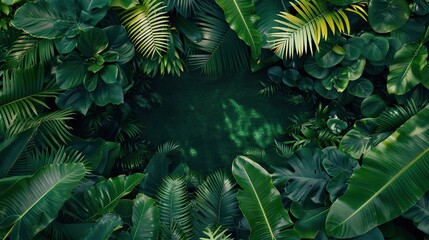 A lush green jungle with a large leafy green plant in the center. The jungle is full of life and is a beautiful representation of nature