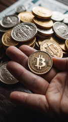 Bitcoin in Hand, Blurred Coins on Table, Digital Currency