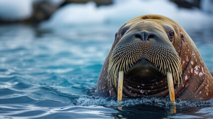 Walrus portrait swimming in the arctic water