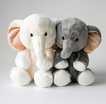 Two stuffed elephants are sitting next to each other. One is white and the other is gray. The white elephant has a pink nose and the gray elephant has a pink ear