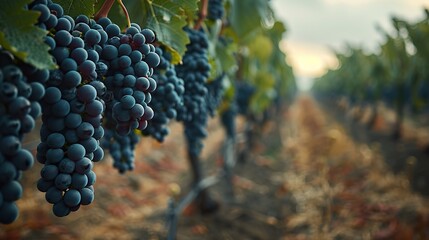 A row of grapes hanging from a vine. The grapes are ripe and ready to be picked. The vine is lush and green, and the grapes are clustered together. Concept of abundance and the beauty of nature - obrazy, fototapety, plakaty