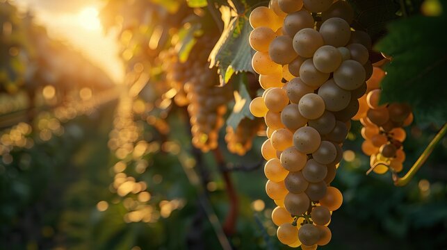 A bunch of grapes hanging from a vine. The grapes are ripe and ready to be picked. The vine is green and lush, and the sun is shining brightly on the grapes