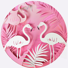 pink paper cutout illustration of flamingos and palm leaves , circular arrangement, pink background