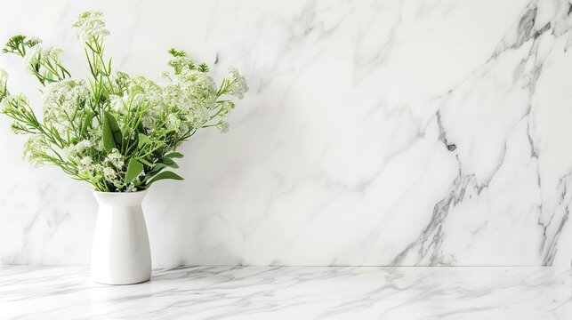 A white vase with green flowers sits on a marble countertop. The marble countertop is clean and uncluttered, creating a simple and elegant atmosphere