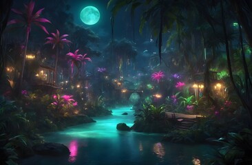 magical fantasy jungle in riverside, neon, glow, sparkling, night