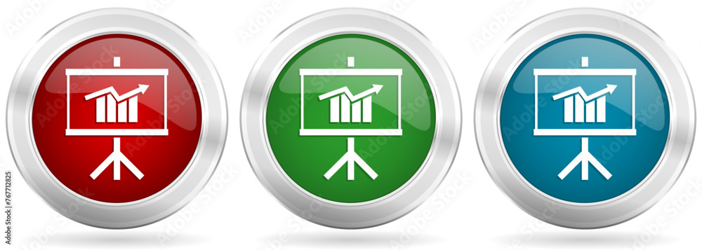 Poster Presentation and training vector icon set. Red, blue and green silver metallic web buttons with chrome border