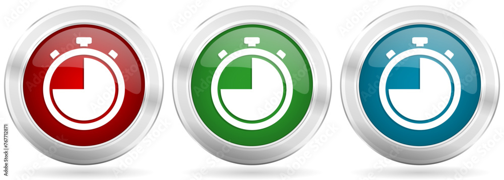Poster clock, watch, stopwatch vector icon set. red, blue and green silver metallic web buttons with chrome