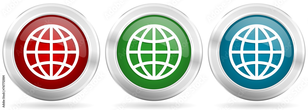Poster world, globe vector icon set. red, blue and green silver metallic web buttons with chrome border