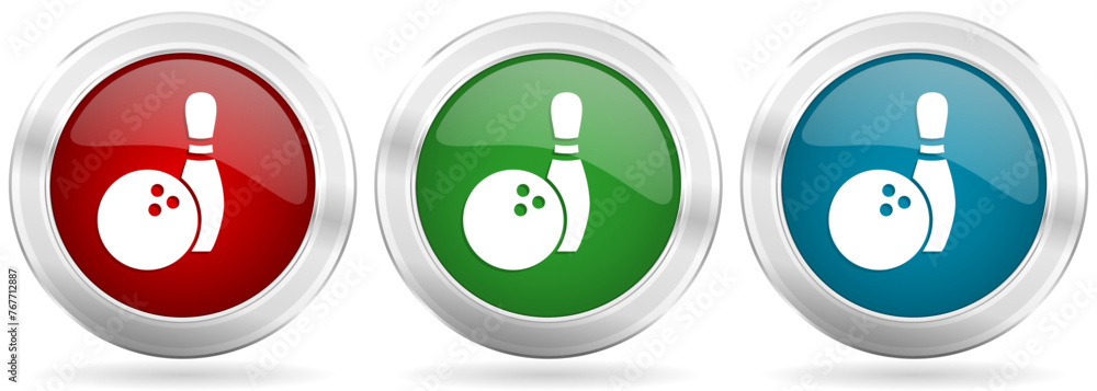 Aufkleber Bowling vector icon set. Red, blue and green silver metallic web buttons with chrome border