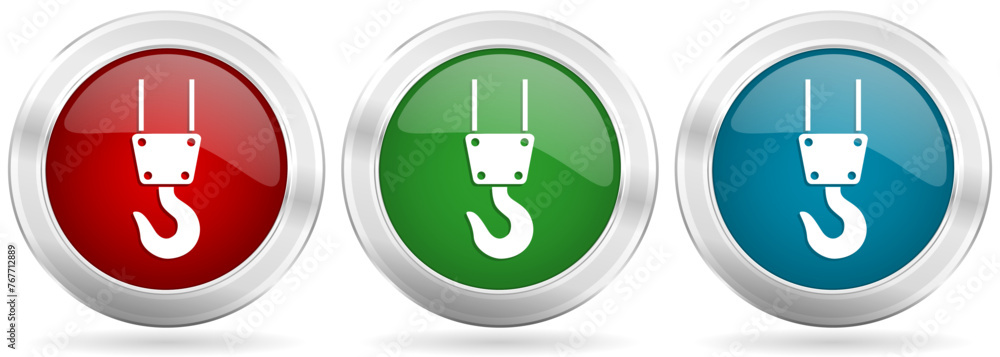 Aufkleber crane, industry vector icon set. red, blue and green silver metallic web buttons with chrome border