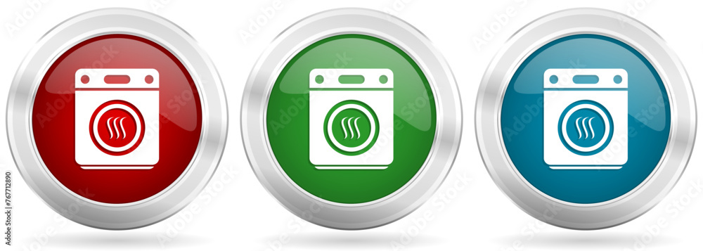 Poster dryer machine, laundry vector icon set. red, blue and green silver metallic web buttons with chrome 