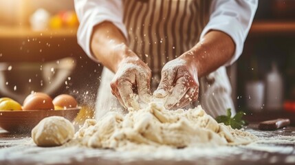 A person wearing an apron is kneading dough on a floured wooden table surface