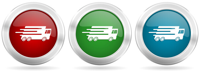 Speed transport, fast delivery, truck vector icon set. Red, blue and green silver metallic web buttons with chrome border