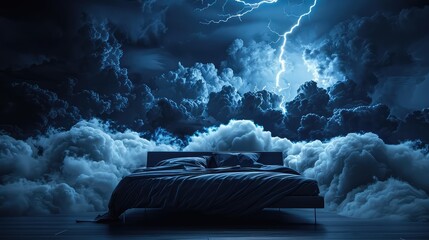 Bed in thunderclouds. Lightning in the background of the bed. Restless sleep. Horrible dream - obrazy, fototapety, plakaty