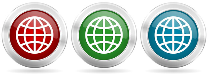 World, globe vector icon set. Red, blue and green silver metallic web buttons with chrome border