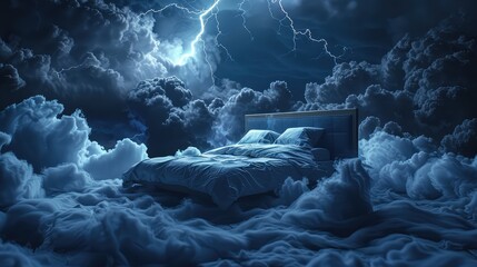Bed in thunderclouds. Lightning in the background of the bed. Restless sleep. Horrible dream