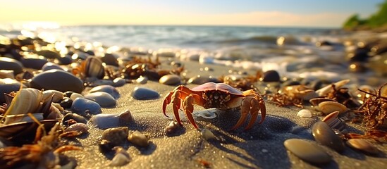 A crab is walking on the beach, with the water and sand reflecting its image