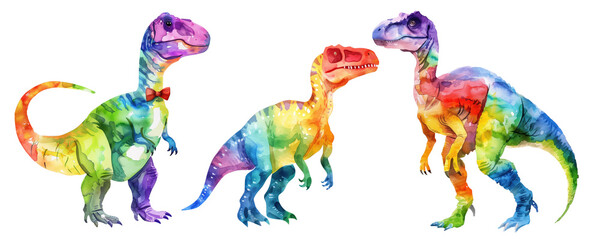 Colorful watercolor dinosaurs  isolated on transparent background	