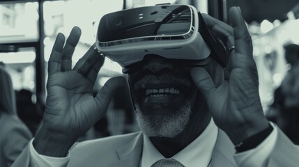 A man in a suit and tie holding up a virtual device, engaged in a digital interaction