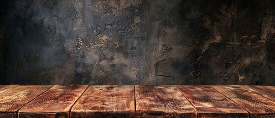 A wooden table with a black background. The table is empty and has a wooden surface. The background is dark and has a rough texture