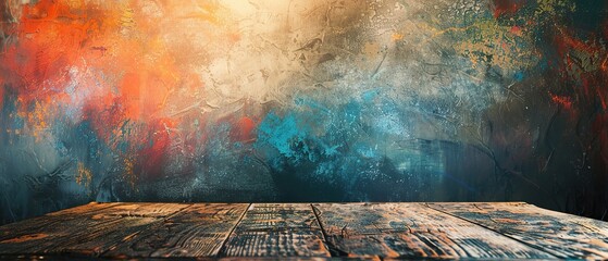 A colorful abstract painting with a wooden background. The painting is full of bright colors and has a sense of movement. The wooden background adds a natural and earthy feel to the piece - obrazy, fototapety, plakaty