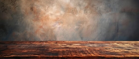 A wooden table with a wall behind it. The wall is painted in a light brown color