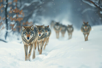 Naklejka premium Wolf pack in snow with the alpha leading the way, exemplifying wildlife hierarchy