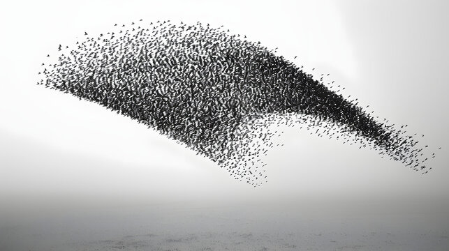 black and white photo of a clear sky, funneling of bird murmuration,