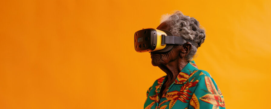 An elderly Black businesswoman wearing a pair of virtual reality glasses