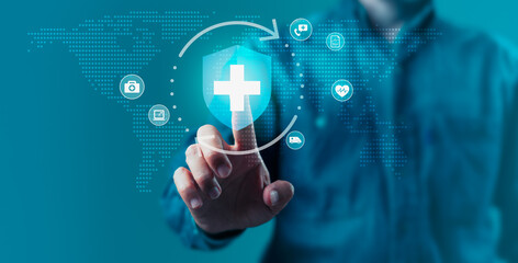 A person is pressing a button on a computer screen, healthcare concept