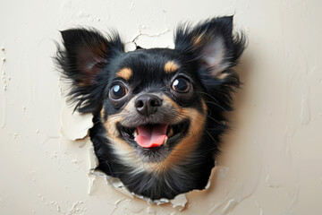Cheeky Chihuahua poking its head through a hole, bright eyes shining with mischief