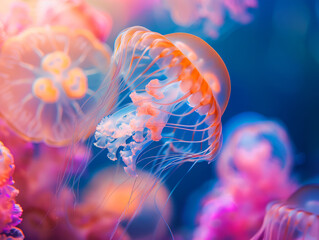Vibrant jellyfish swimming underwater showcasing delicate tentacles and translucent bells