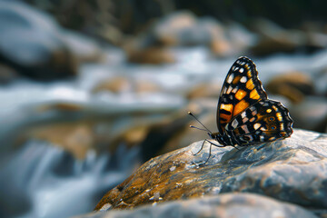 Obraz premium Butterfly resting on a rock beside a serene mountain stream, in sharp focus