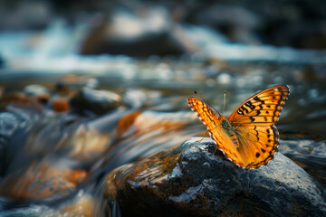 Obraz premium Butterfly resting on a rock beside a serene mountain stream, in sharp focus