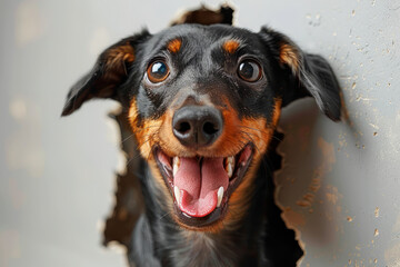 Cheeky Dachshund Breaking Through White Surface with a Playful and Excited Demeanor