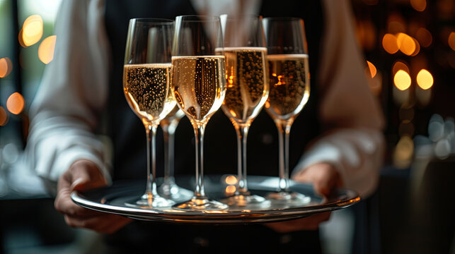 Butler holds tray with glasses of champagne