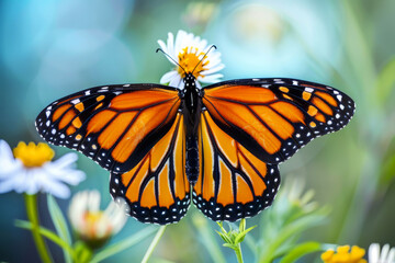 Naklejka premium Vibrant Monarch Butterfly Perched on Pink Wildflowers Against a Soft Bokeh Background